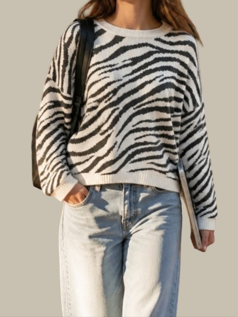 Sincerely Jules Cream and Gray Zebra Crewneck Sweater
